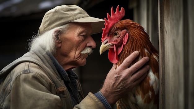 Un uomo anziano con i baffi rossi e il cappello sta toccando un gallo ai