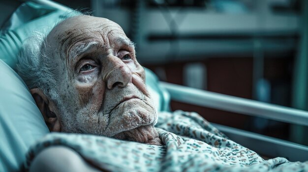 Un uomo anziano con i capelli bianchi e sottili giace pacificamente in un letto d'ospedale perduto per sempre nei suoi ricordi mentre il mondo si agita attorno a lui