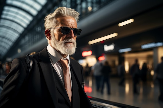 un uomo anziano con la barba e gli occhiali da sole in un aeroporto