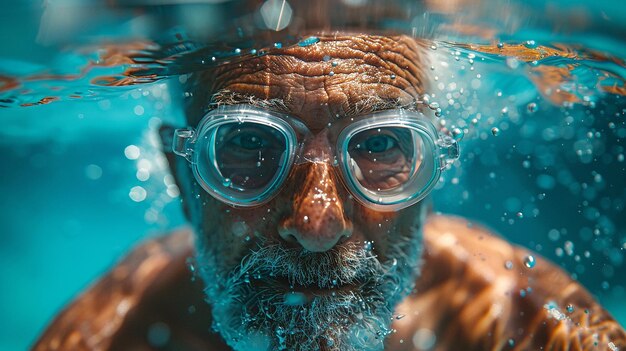 Un uomo anziano con la barba grigia nuota in piscina