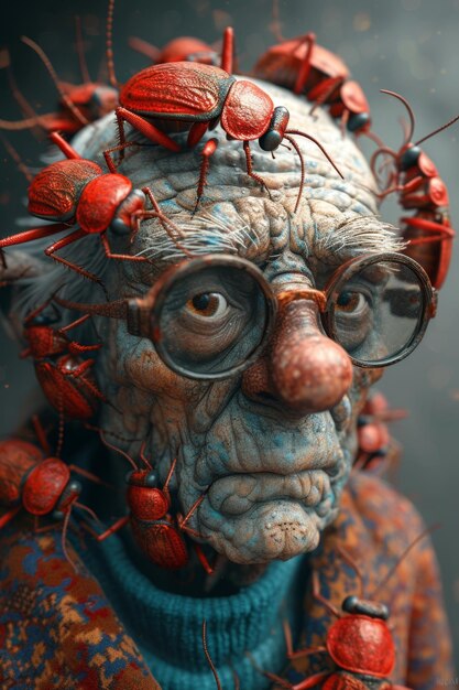 Un uomo anziano con scarafaggi sulla testa su uno sfondo grigio illustrazione 3d