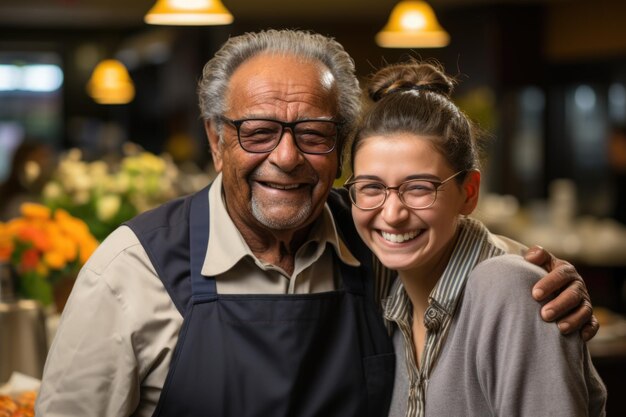 Un uomo anziano con una giovane donna sorridente concetto di ristorante di famiglia