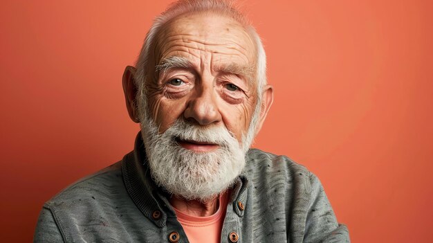 Un uomo anziano dall'aspetto gentile con i capelli bianchi e la barba sorride dolcemente indossa un maglione grigio sullo sfondo è un colore arancione solido