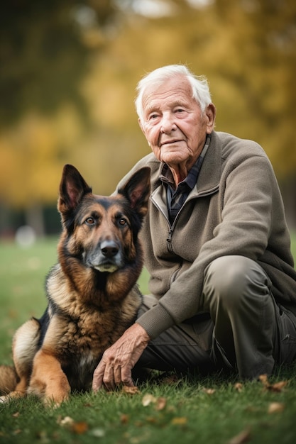 Un uomo anziano e il suo cane nel parco creato con l'intelligenza artificiale generativa