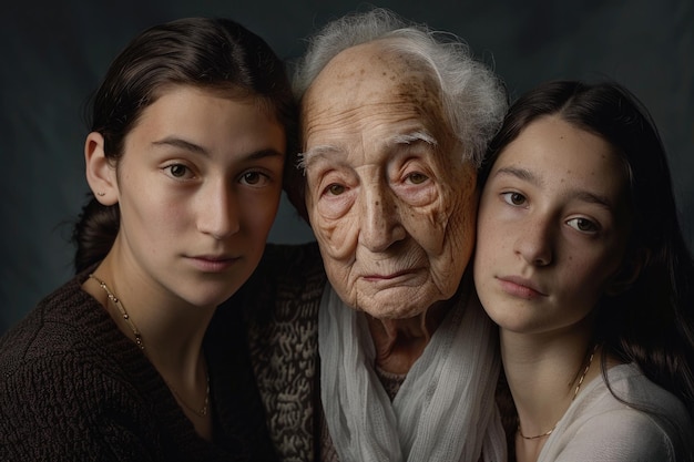 Un uomo anziano è in piedi con due giovani ragazze che sorridono e posano per una foto La scena cattura il legame tra diverse generazioni in un momento commovente
