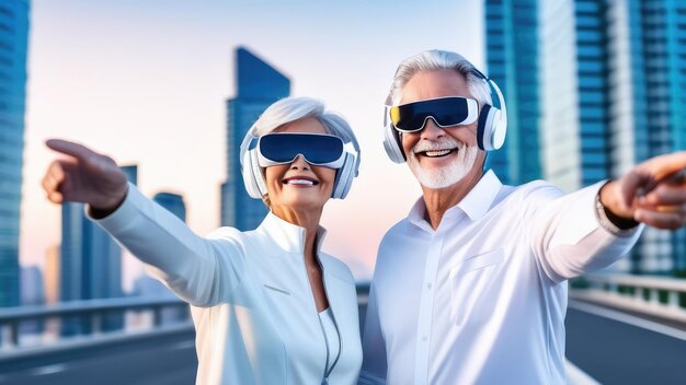 un uomo anziano e una donna con i capelli grigi in abiti bianchi si divertono in occhiali virtuali sullo sfondo della città notturna il concetto di relax e divertimento in vecchiaia