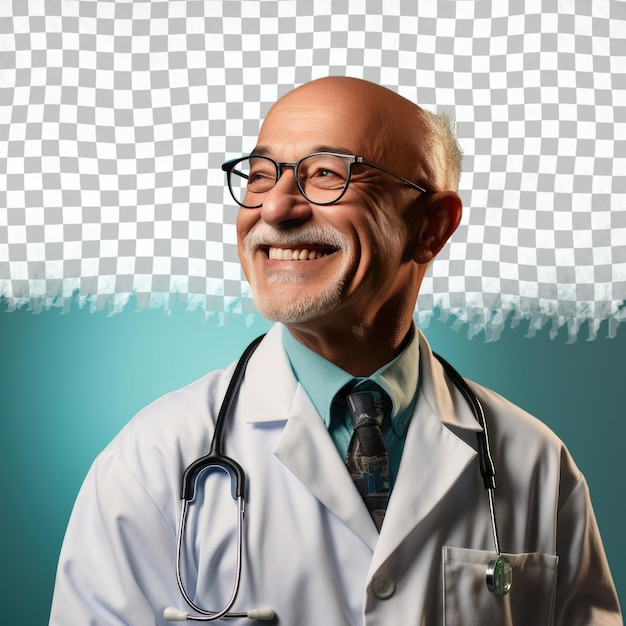 Un uomo anziano estatico con i capelli calvi dell'etnia dell'Asia meridionale vestito con abiti da scienziato medico posa in stile Guardando sopra la spalla su uno sfondo color verde acqua pastello