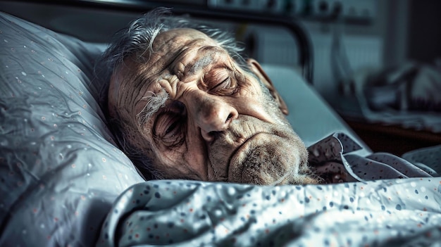 Un uomo anziano giace tranquillamente in un letto d'ospedale circondato dal leggero bagliore di una lampada da letto la stanza è piena di silenziosa attesa