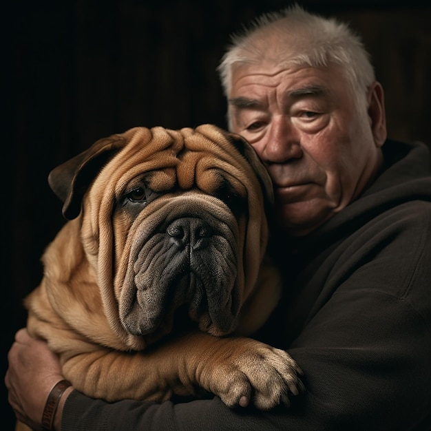 Un uomo anziano grasso con la faccia larga con rughe e pieghe tiene Shar Pei il cane il proprietario e l'animale domestico sono simili