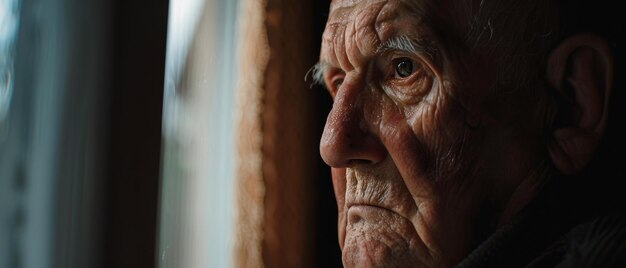 Un uomo anziano guarda contemplativamente fuori dalla finestra avvolto da una luce morbida.