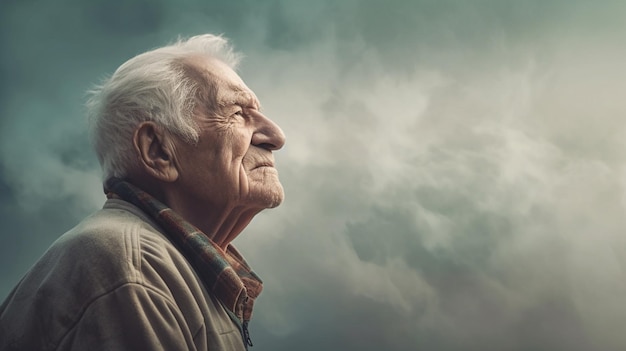 Un uomo anziano guarda il cielo.