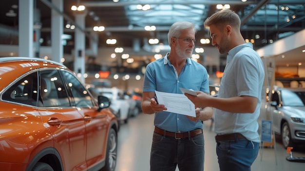 Un uomo anziano in una concessionaria di auto che seleziona un veicolo in uno showroom con spazio vuoto AI generativa