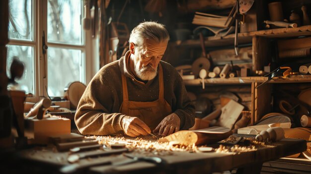 Un uomo anziano lavora su una scultura in legno nel suo laboratorio indossa un grembiule e usa uno scalpello e un martello