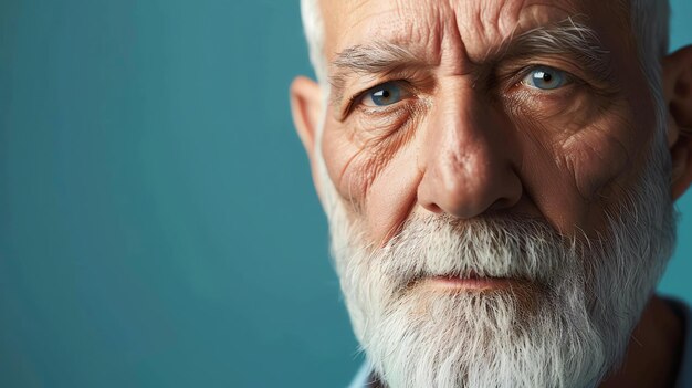 Un uomo anziano pensieroso che guarda la telecamera con un'espressione seria ha i capelli bianchi e la barba e una faccia rugosa