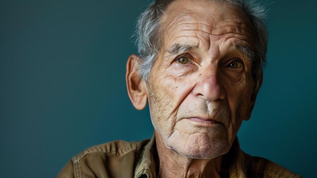 Un uomo anziano pensieroso che guarda lontano contemplando la vita e il suo passato.