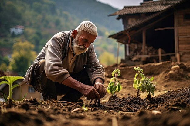 Un uomo anziano pianta piantine di verdure nel giardino e raccoglie dalla terra nel suo giardino giardino di verdure ecologico auto-coltivazione di verdure generate da IA
