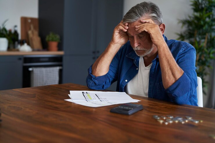 Foto un uomo anziano seduto a casa con enormi problemi finanziari.