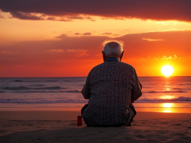 Un uomo anziano seduto all'indietro sulla spiaggia guarda il tramonto con il set drammatico di Generative AI