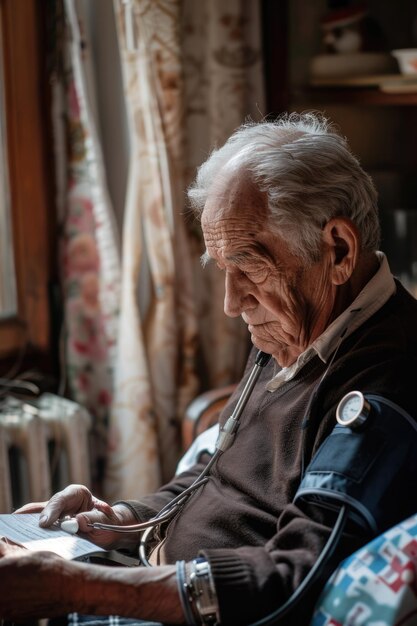 Un uomo anziano seduto su una sedia mentre usa un computer portatile Adatto alla tecnologia e ai concetti di stile di vita senior