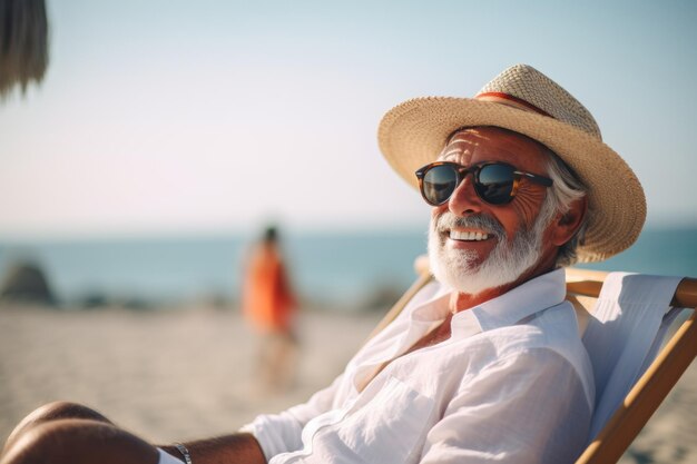 Un uomo anziano si gode una giornata di pace seduto su una sedia sulla riva del mare