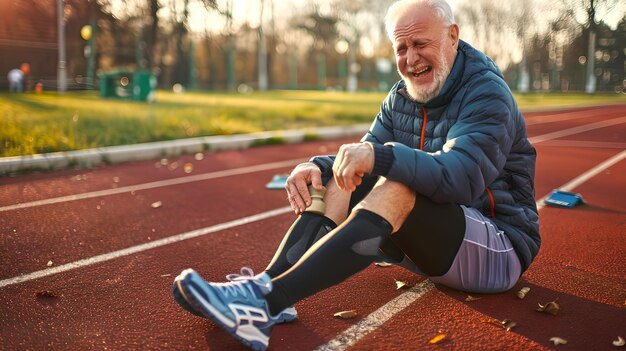 Un uomo anziano si prepara a correre su un campo da corsa soleggiato rimanendo attivo e in salute con l'esercizio gioioso atleta anziano che lega i lacci delle scarpe AI