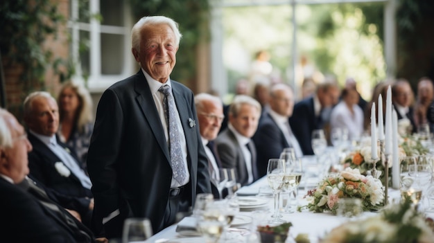 Un uomo anziano si trova in piedi a un lungo tavolo decorato con porcellana fine e fiori pronto a fare un discorso