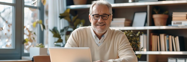 Un uomo anziano sorridente che usa un portatile per l'ufficio a casa