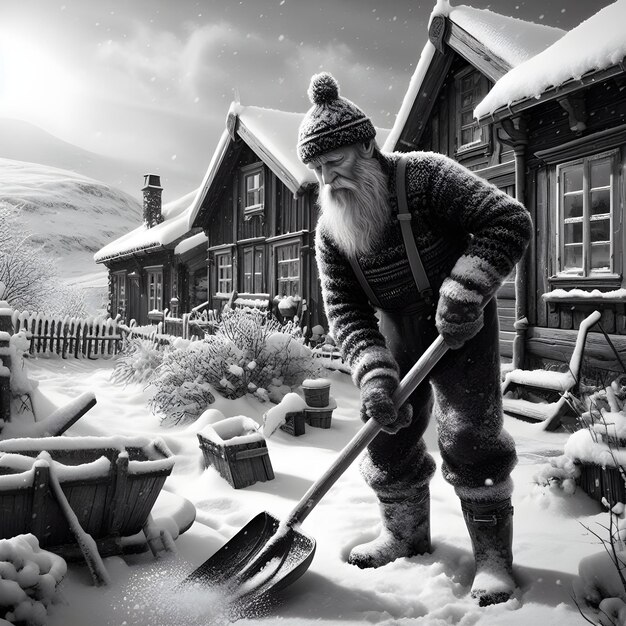 Un uomo anziano spala la neve davanti a un tradizionale cottage di legno durante l'inverno