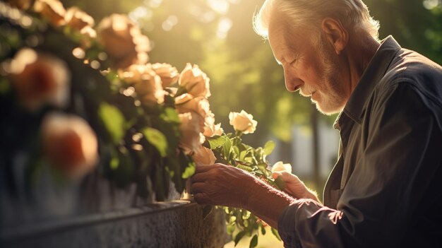 Un uomo anziano sta accanto alla tomba con fiori nel cimitero. Foto di alta qualità