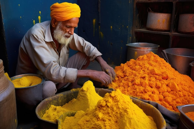 Un uomo anziano sta mescolando i colori in una fabbrica di tintura