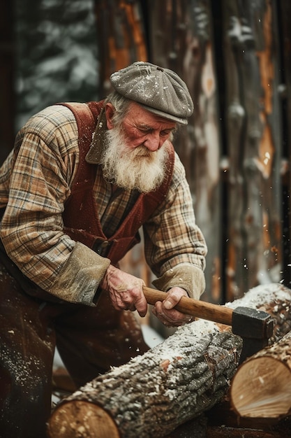 un uomo anziano taglia la legna per riscaldare la casa