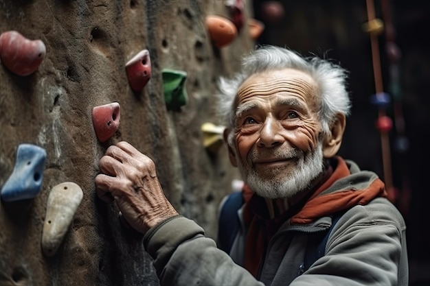 Un uomo anziano trova gioia nel perseguire la sua passione per l'arrampicata su roccia La sua pensione attiva e appagante sfida l'idea di una vecchiaia sedentaria IA generativa