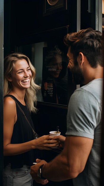 Un uomo apre la porta del caffè con un sorriso a una donna bionda