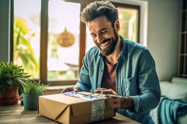 Un uomo apre un pacco da un acquisto online a casa con una faccia eccitata generata da Ai
