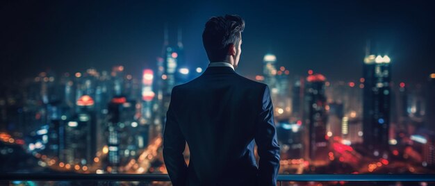 un uomo arabo in giacca e cravatta che guarda una città di notte ai generativa