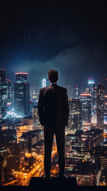 un uomo arabo in giacca e cravatta in piedi su una sporgenza che guarda una città di notte ai generativa