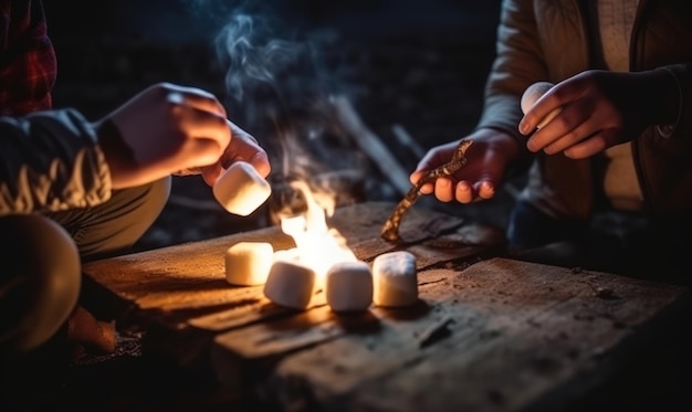 Un uomo arrostisce marshmallow su un falò.