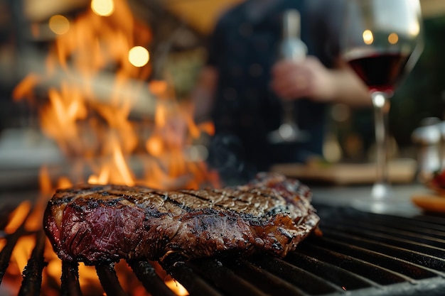 Un uomo arrostisce una bistecca su una griglia e beve vino rosso