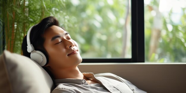 Un uomo asiatico calmo seduto sul divano che ascolta musica audiolibro che si gode della meditazione per il sonno e la pace con le cuffie wireless