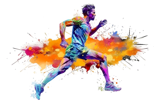Un uomo atletico corre facendo sport su uno sfondo bianco con un'esplosione di vernice colorata