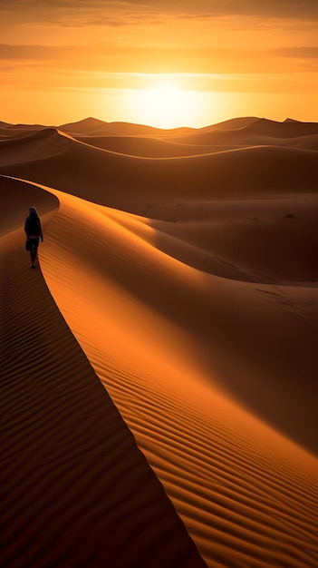 Un uomo attraversa una duna di sabbia nel deserto del Sahara.