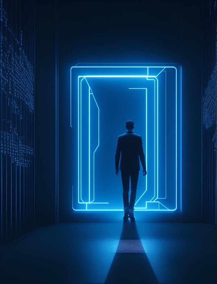 un uomo attraversa una porta blu con un uomo davanti ad essa