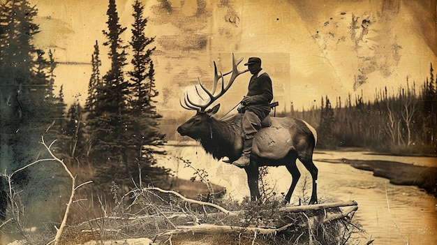 Un uomo audace cavalca un maestoso alce attraverso un fiume torrenziale Fotografia retro