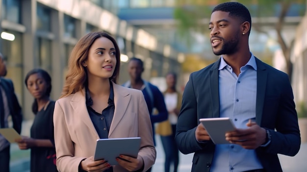 Un uomo aziendale dello Zambia che tiene in mano un tablet e una donna in piedi