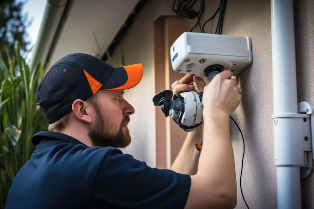 Un uomo aziona abilmente un trapano mentre lavora su un muro nel bel mezzo di un progetto di miglioramento della casa. Tecnico che installa una telecamera CCTV per la sicurezza Generato dall'intelligenza artificiale