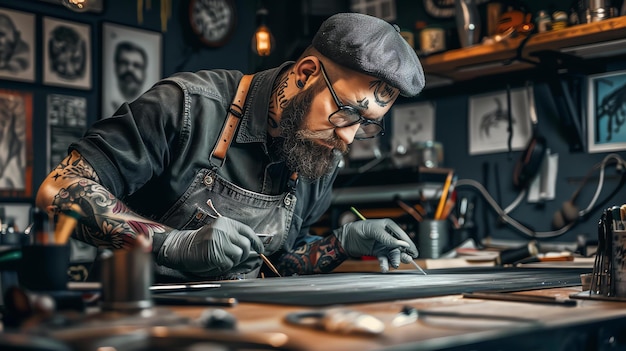 Un uomo barbuto che indossa un berretto e tatuaggi sulle braccia sta lavorando nel suo studio indossa un grembiule e guanti mentre dipinge su una tela