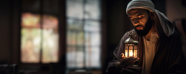 Un uomo barbuto con un aspetto mediorientale medita mentre tiene in mano una lanterna accesa