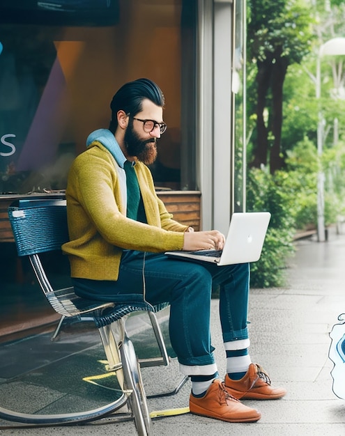 Un uomo barbuto dallo stile hipster che lavora come libero professionista online. È seduto in un accogliente bar