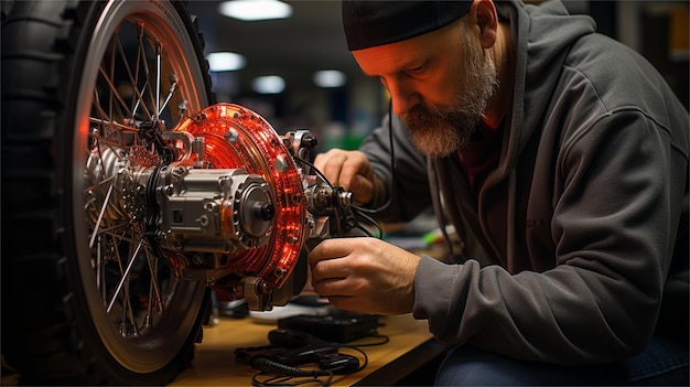 Un uomo barbuto ripara una ruota di motocicletta nel laboratorio Riparazione di una motocicletta