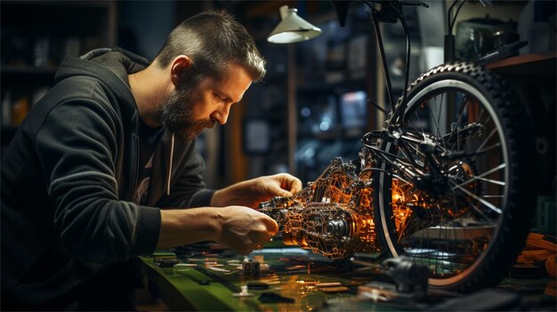 Un uomo barbuto ripara una ruota di motocicletta nel laboratorio Riparazione di una motocicletta